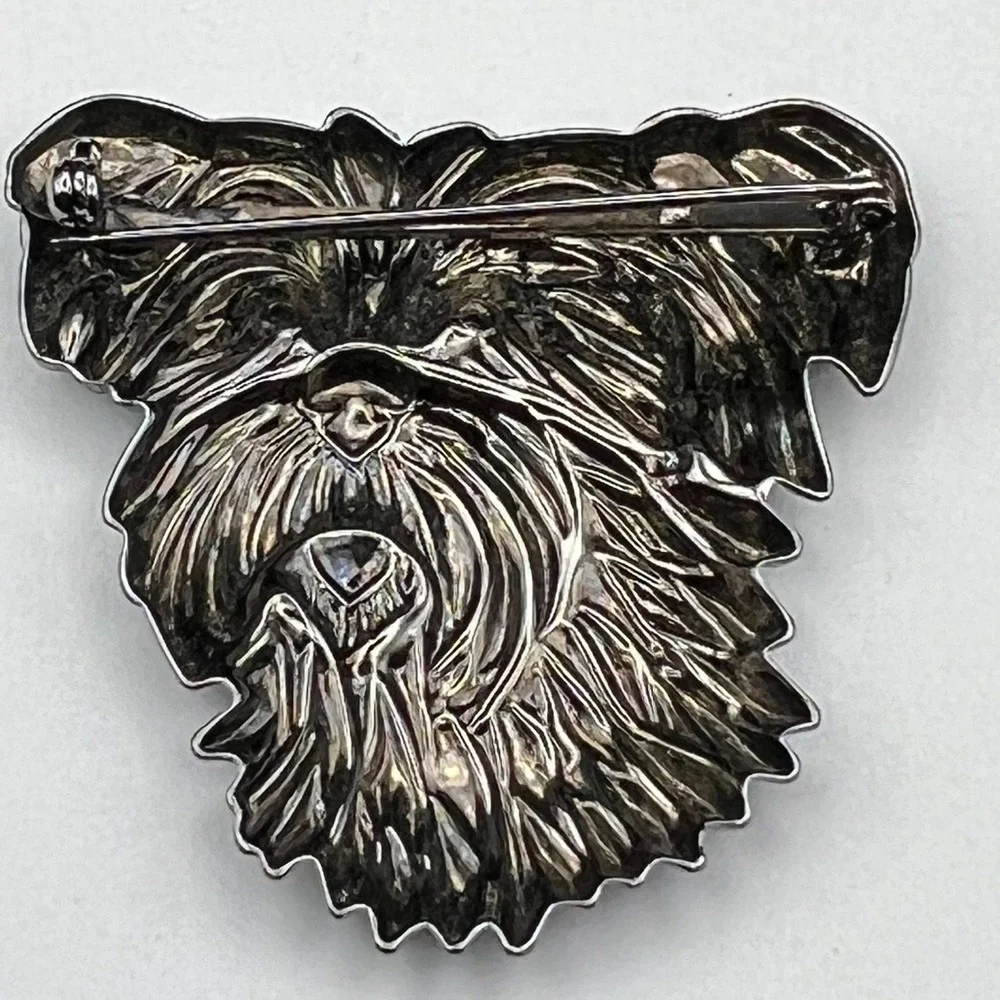 Vintage Dog Head Brooch Pin ‎ Silver Pewter Tone Terrier Yorkie with Green Eyes